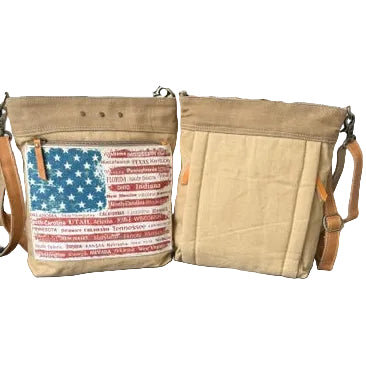 Conceal Carry CCW Bag with dual entry back padded compartment with both front back view. Large Front zip pocket with a distressed American Flag including all the US State names in the stars and stripes.