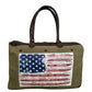 Weekender Bag with large front Distressed American Flag Pocket. Americana Patriotic style and genuine leather accents.