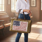 Recycled Military Canvas weekender bag with American flag front pocket being worn by a chic woman while traveling