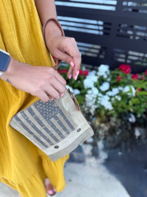 Vintage American Flag Canvas Wristlet