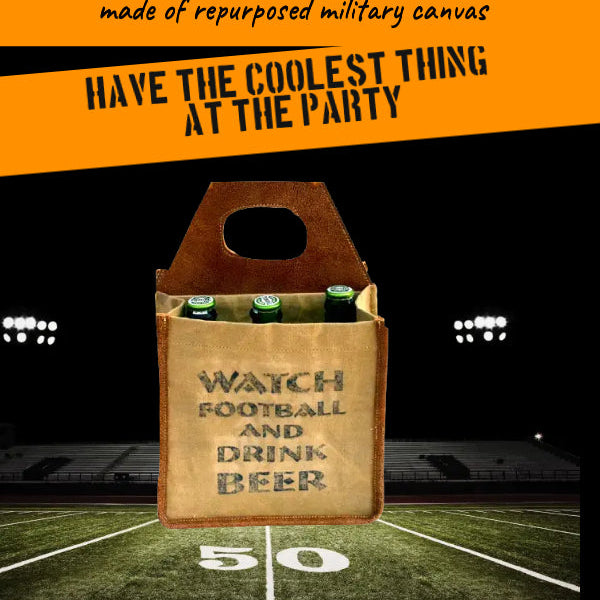 Recycled Military Canvas Beer Tote  carrying a 6 pack of beer bottles on a football field background with pockets for 2 cool packs