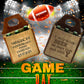 Recycled Military Canvas Beer Totes that carry 6 bottles or cans and has a cold pack pocket on each side. Shown in a football stadium lights on the field for game day.