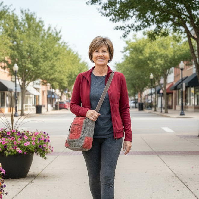 Recycled Military Canvas Gray and rust colored crossbody bag with 'Columbia's' bicycle on the large front slip pocket being worn by a woman.
