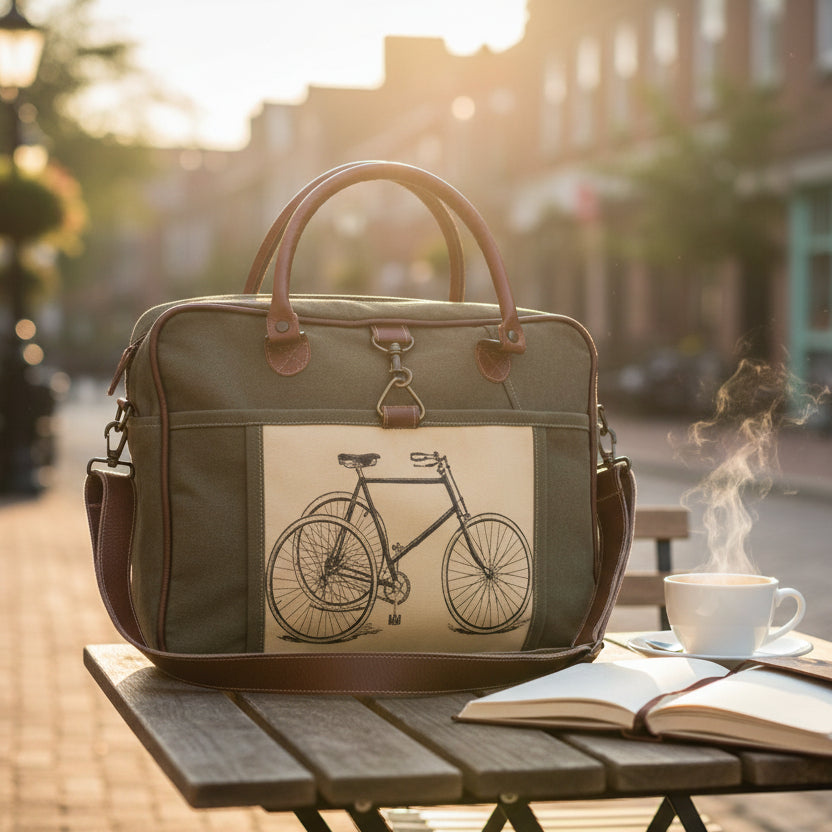Recycled Military Canvas Green bag with brown leather straps and bicycle design on a large front pocket. Leather handle and accents