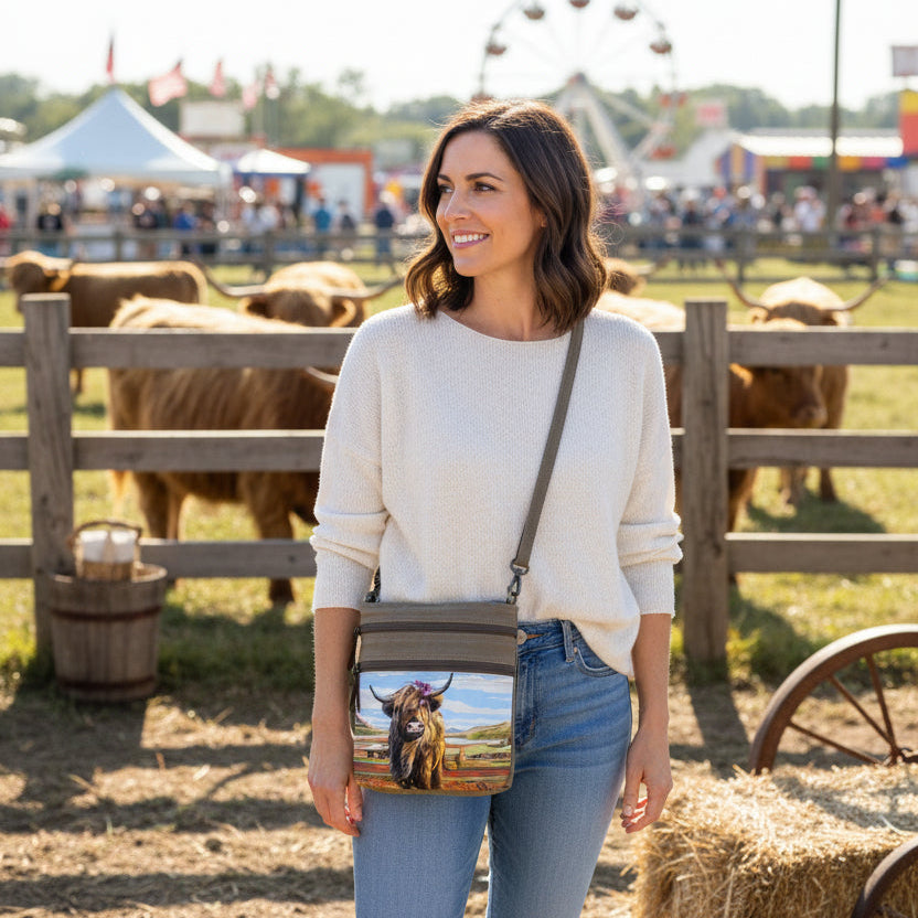 Crossbody bag with a highland cow design on a colorful background