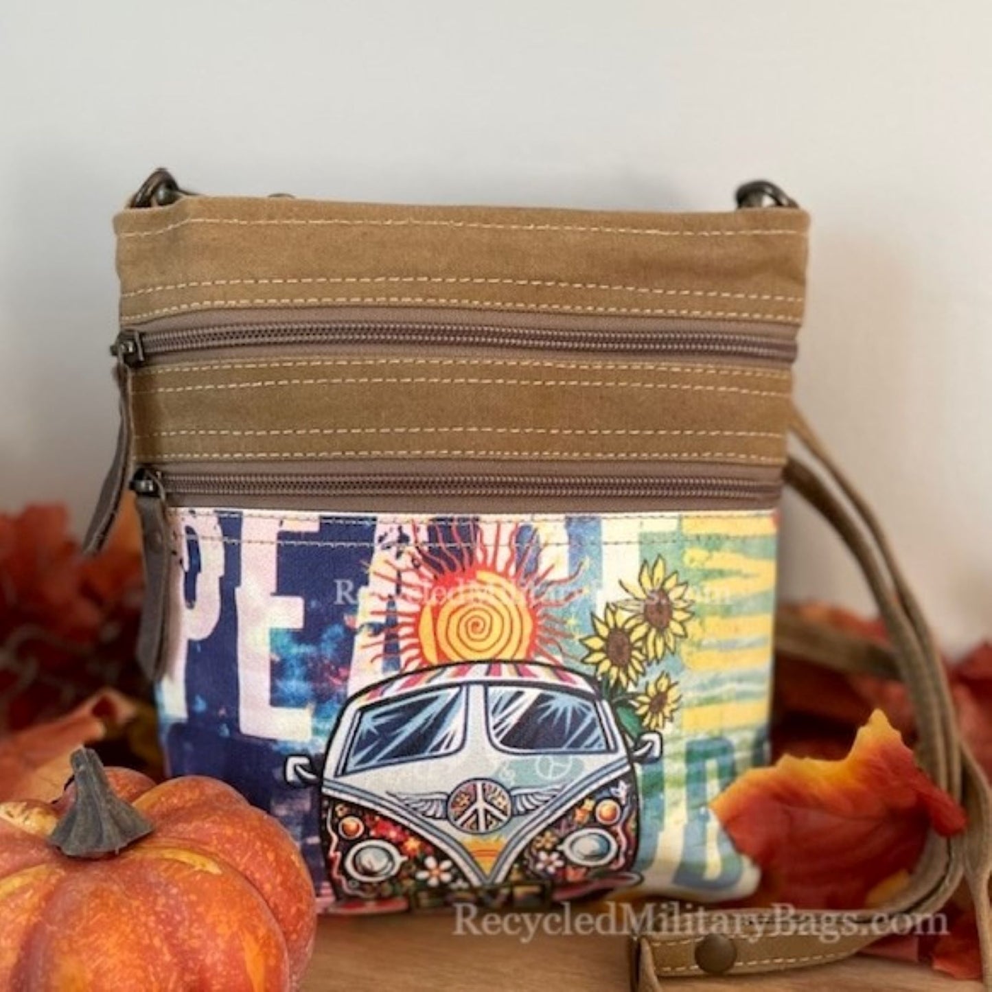 New! Vintage Hippie Van Small Canvas Bag Crossbody Purse ~ Peace with a Little Sunshine and Flower Power!