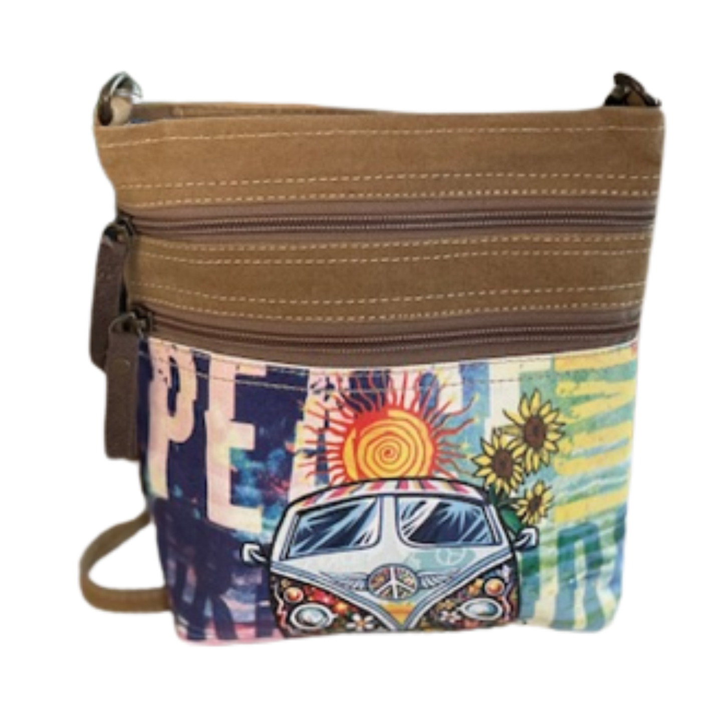 New! Vintage Hippie Van Small Canvas Bag Crossbody Purse ~ Peace with a Little Sunshine and Flower Power!