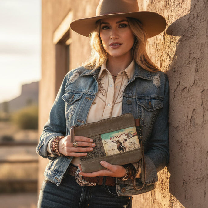 Repurposed Military Canvas wristlet with 'Longhorn' design  being worn by a cool woman .