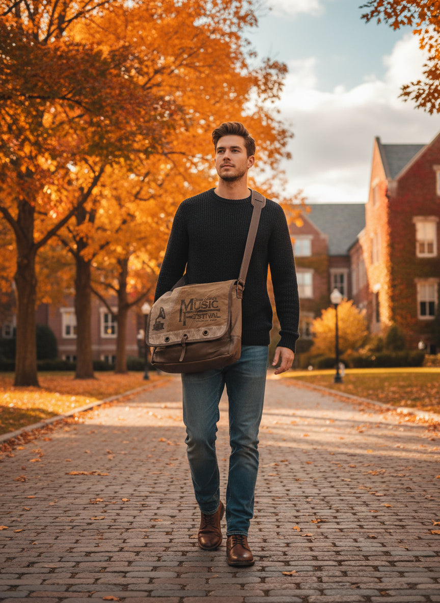 Vintage-style bag with 'Berliner's Music Festival Chicago 1920' text on a mannequin against a brick wall.