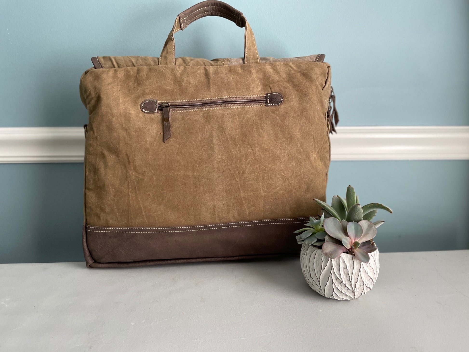 Brown leather bag on a light gray surface with a small plant in the foreground against a light blue wall.