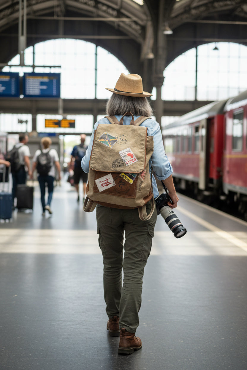Recycled military backpack with world travel stamp designs being worn by a woman photographer while traveling