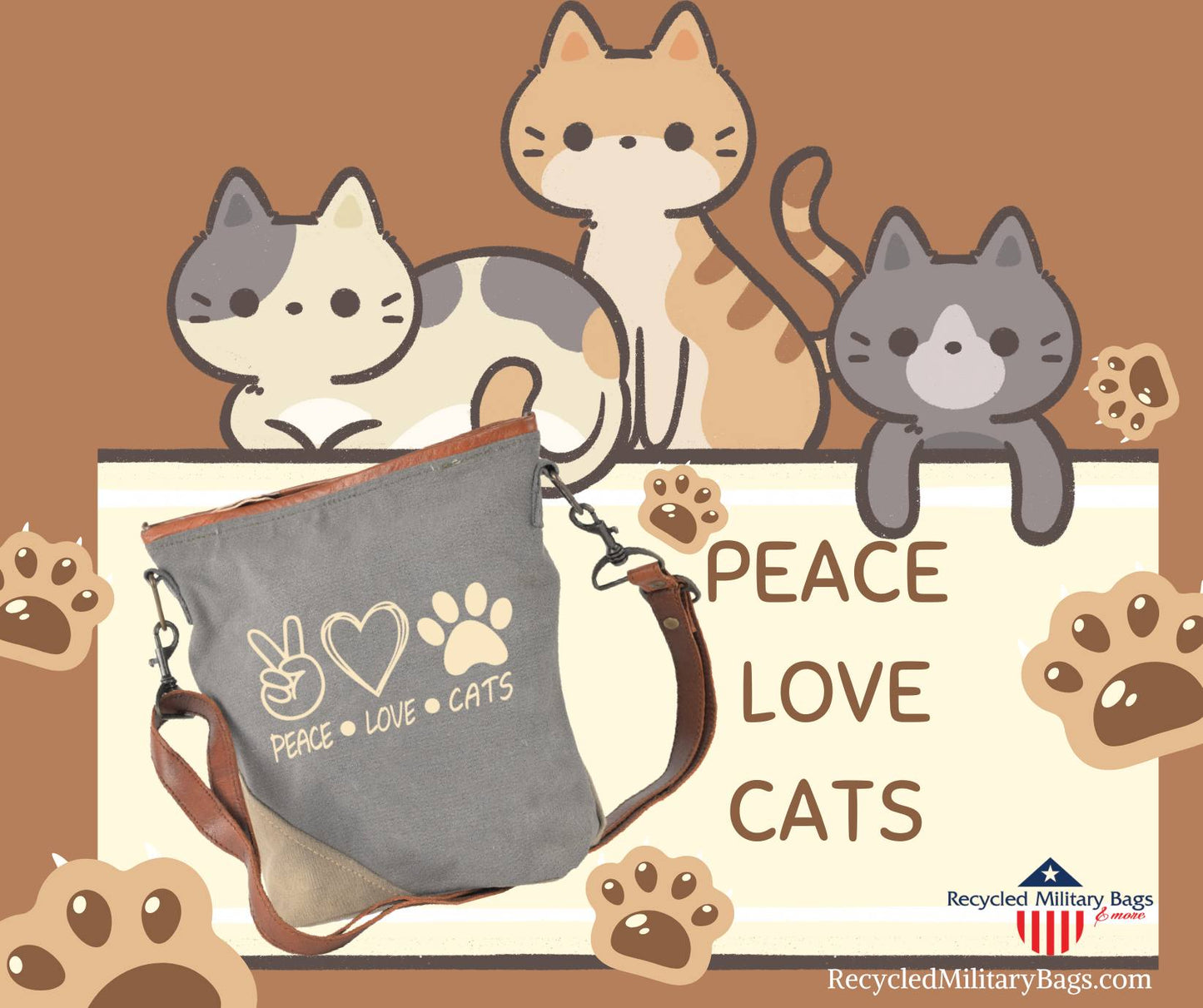 Canvas Crossbody Purse for Women – Peace Love Cats Groovy Military Bag – Unique Gift for Cat Lovers