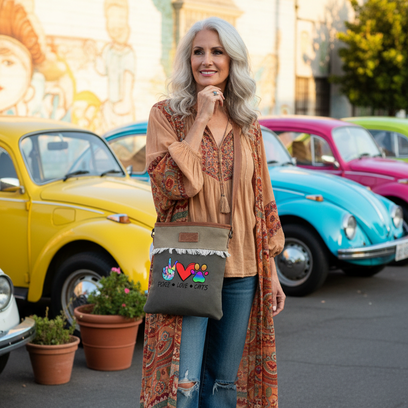 Recycled Military Canvas Crossbody bag with 'Peace Love Cats' muliti color tye-dye print on the peace and pawprint and a red heart with a groovy VW bug background