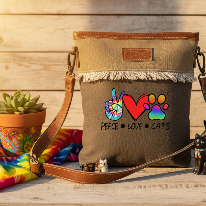 Recycled Military Canvas  Crossbody Bag with 'Peace Love Cats' on an Army Green bag with a tan top boarder. Print is a tie-dye peace sign and pawprint with a red heart in a very groovy hippie vibe.