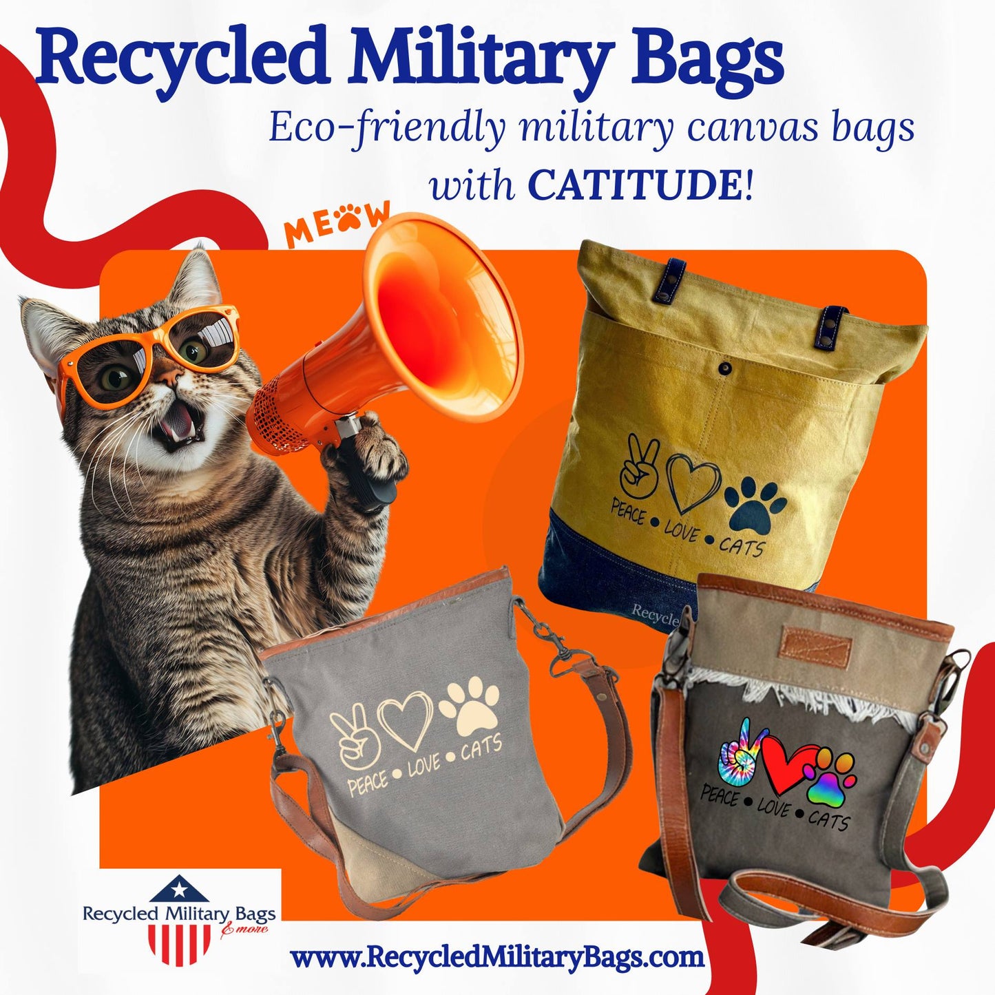 Canvas Crossbody Purse for Women – Peace Love Cats Groovy Military Bag – Unique Gift for Cat Lovers