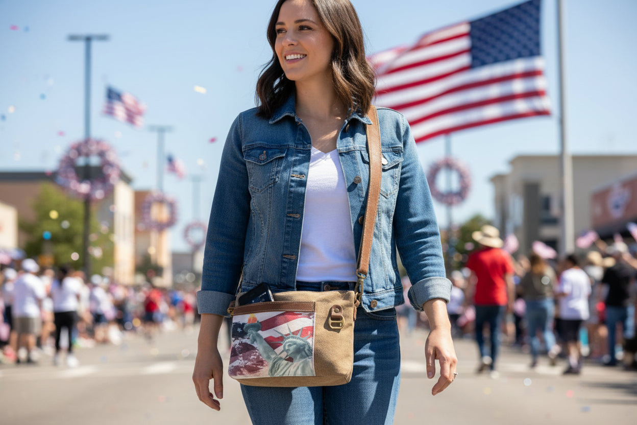 Brown recycled military canvas crossbody  bag with the Statue of Liberty design with a slip pocket on the front holding a smartphone inside.