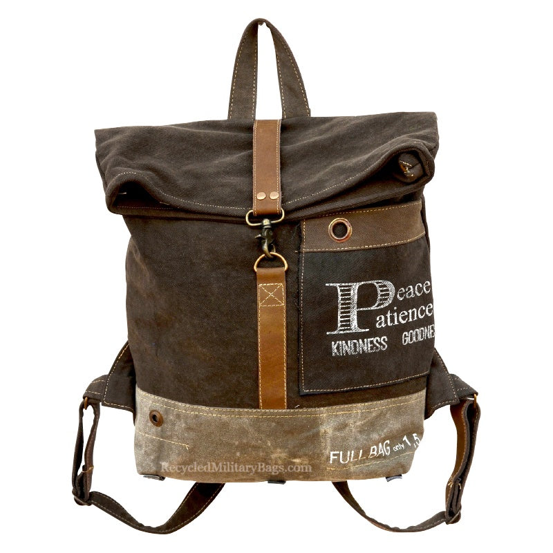 Peace & Patience Large Canvas Backpack – Upcycled Military Canvas – Boho Style – Recycled Military Bags