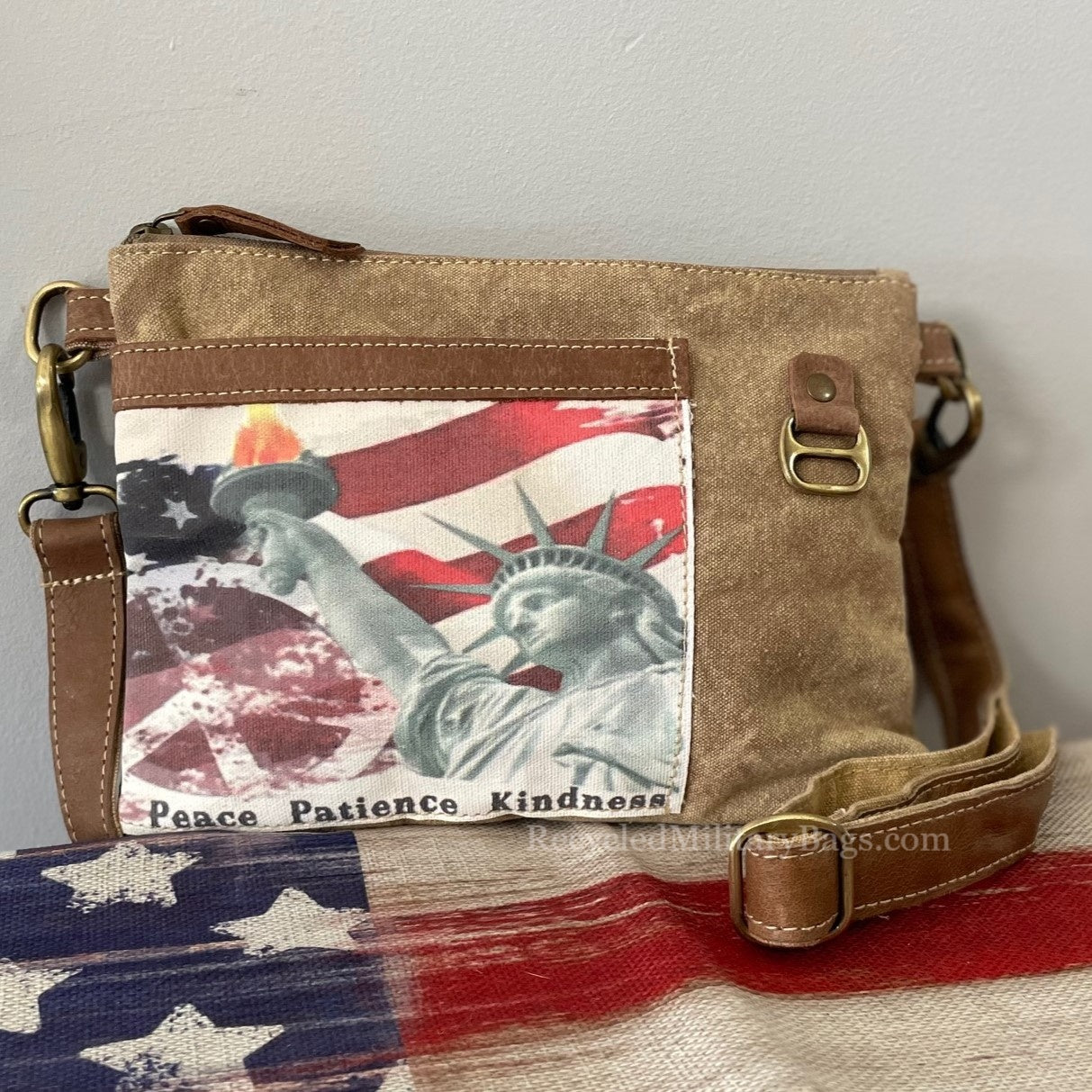 Peace and Lady Liberty Sustainable Canvas Bag Crossbody Purse ~ Peace Patience and Kindness at it's Best!