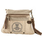 recycleed military canvas Beige handbag with brown accents and a honey bee with a crown for a queen bee style crossbody bag