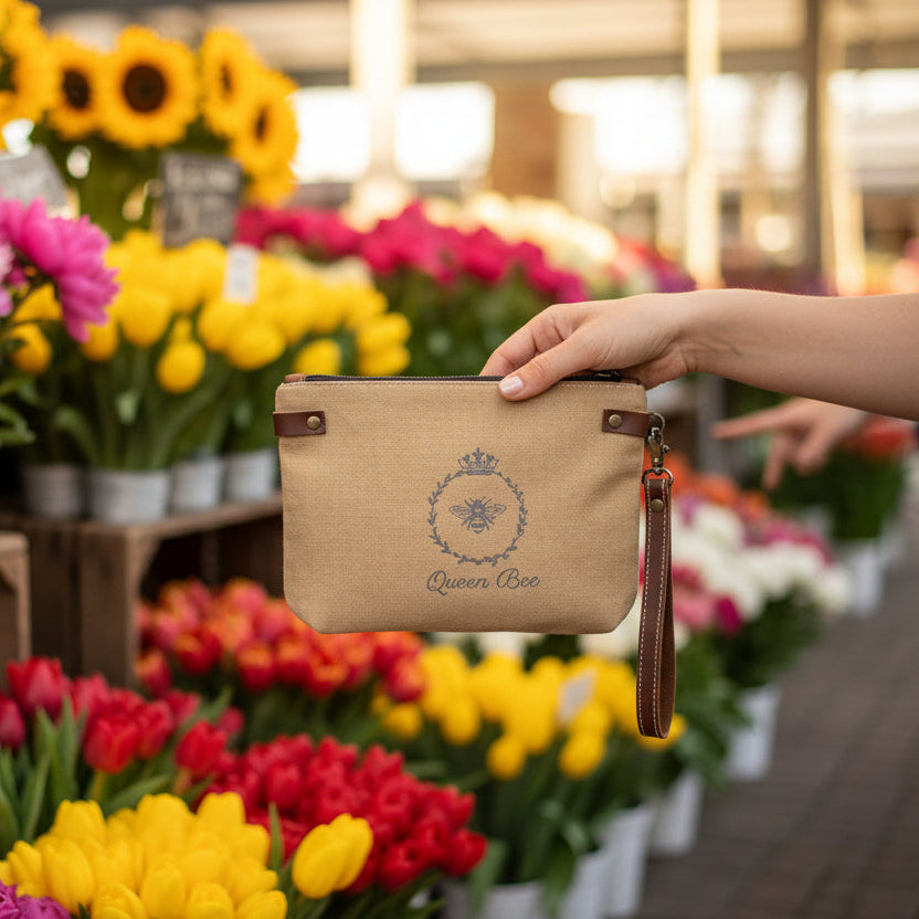 Small Recycled Military Bags pouch - wristlet with a Queen Bee print at a flower market