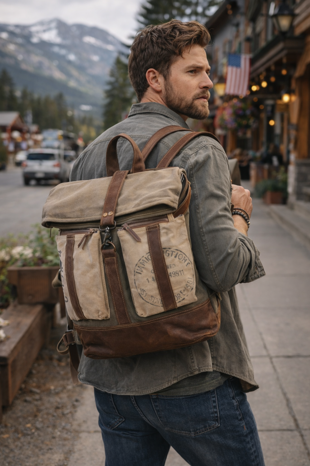 canvas and leather military backpack Recycled Military Canvas Bag – Large Roll Top Canvas Backpack for Women – Durable Travel & School Gift