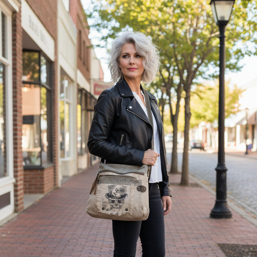 Beige recycled military canvas crossbody bag with skull wearing a top hat being worn by a woman with gray hair