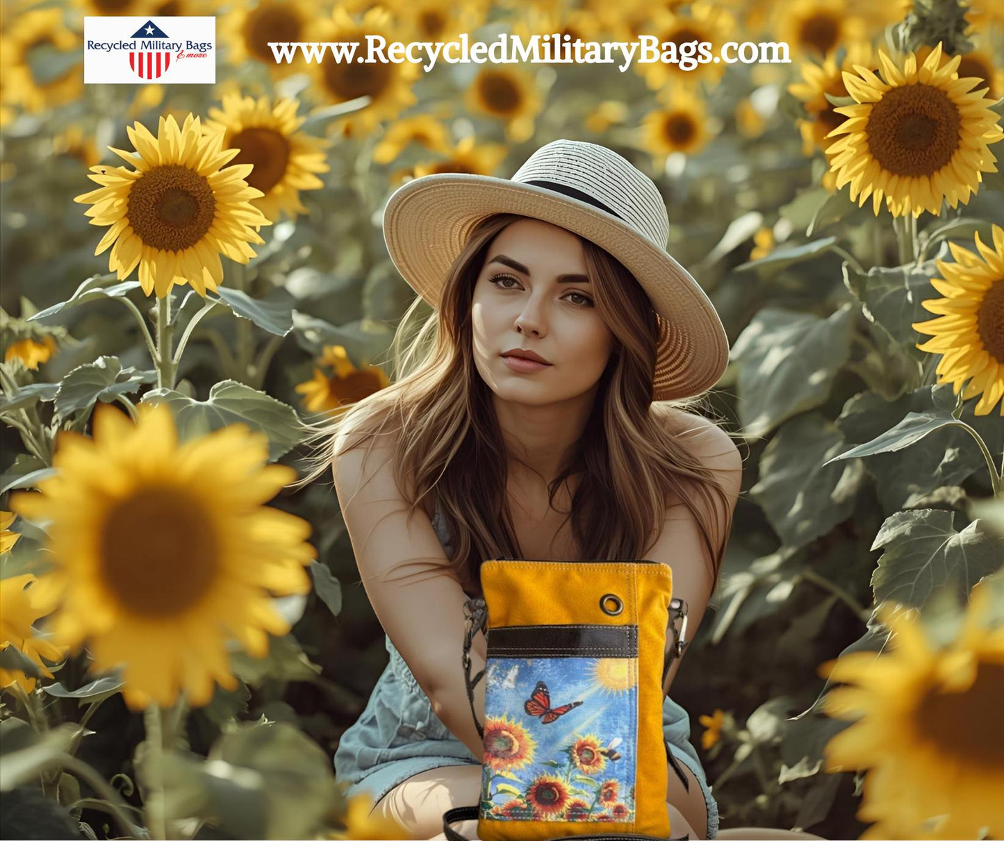 Yellow Sunflower Repurposed Military Canvas Passport Bag