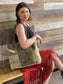 pretty girl wearing our to the moon and back recycled military tote bag