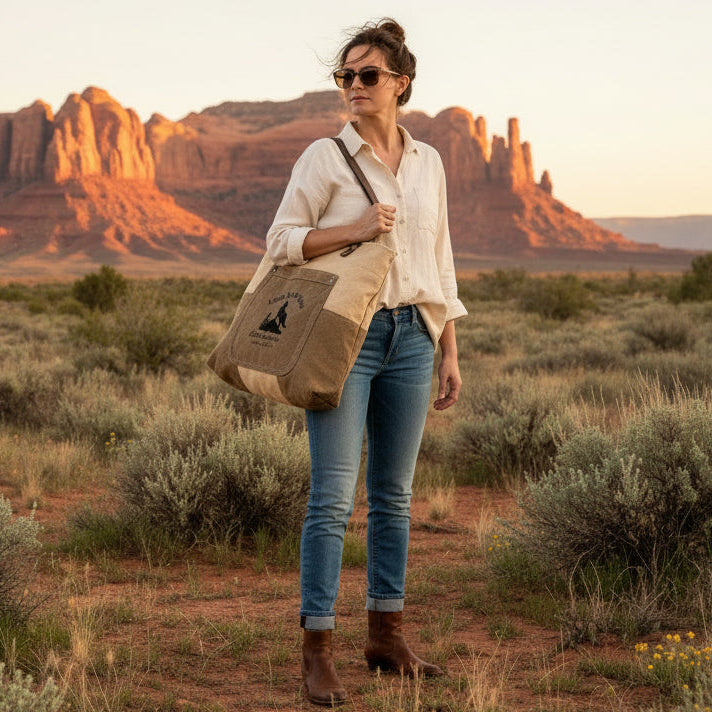 Recycled Military Canvas Tote or Shoulder Bag with brown leather  straps and accents and 'Lone Wolf Ranch Extreme Adventures' print on the front.