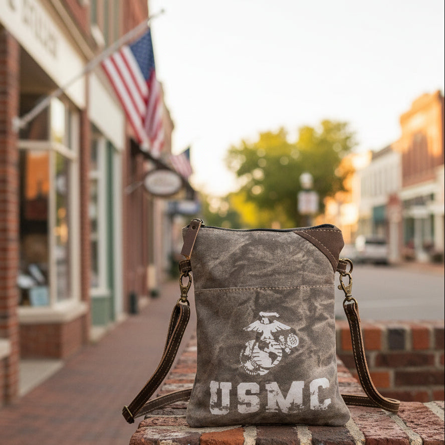 Repurposed Military Canvas small passport crossbody bag with USMC logo