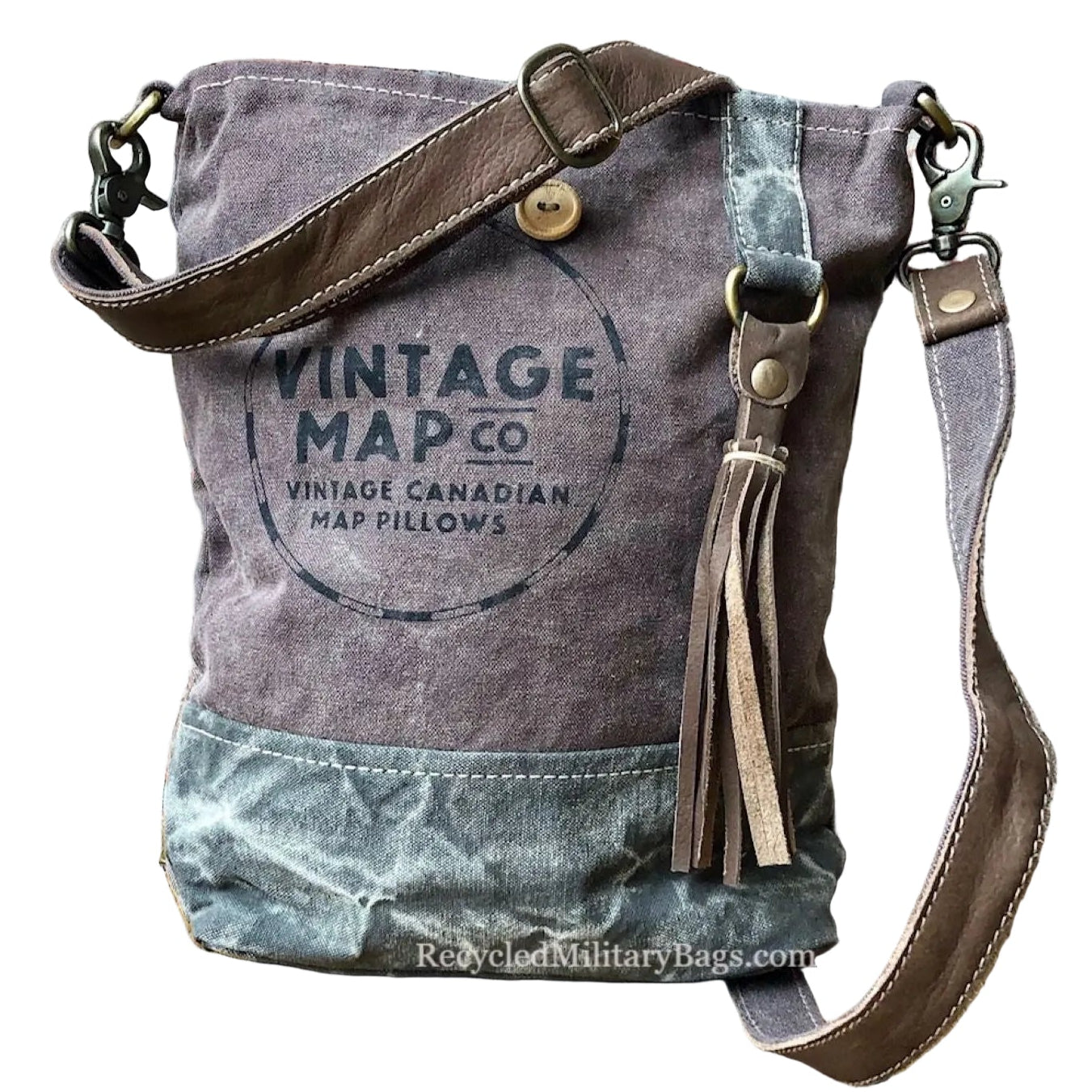 Vintage-style bag with 'Vintage Map  print made out of sustainable recycled military canvas