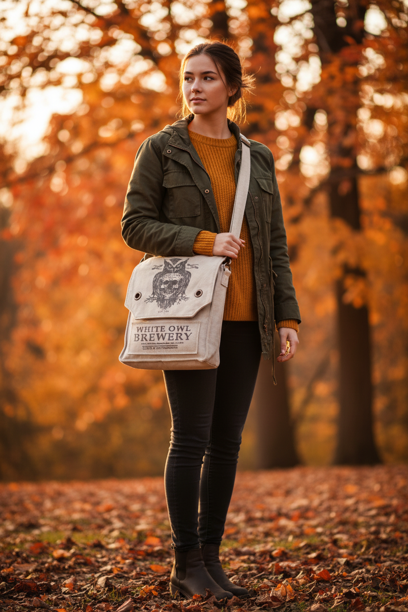 Canvas Crossbody Purse for Women – White Owl Skull Messenger Military Bag – Unique Edgy Gift Idea