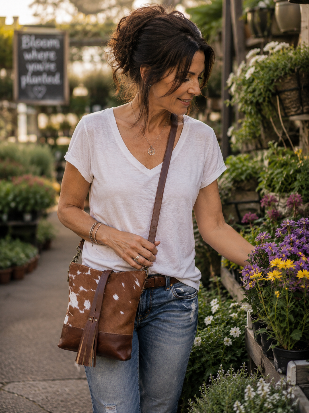 Canvas Crossbody Purse – Brown & White Cowhide Tassel Bag for Women – Unique Western Gift Idea