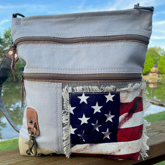 Recycled Military Tent/Vintage Fabric Crossbody Bag, Silver Sage Ceramics