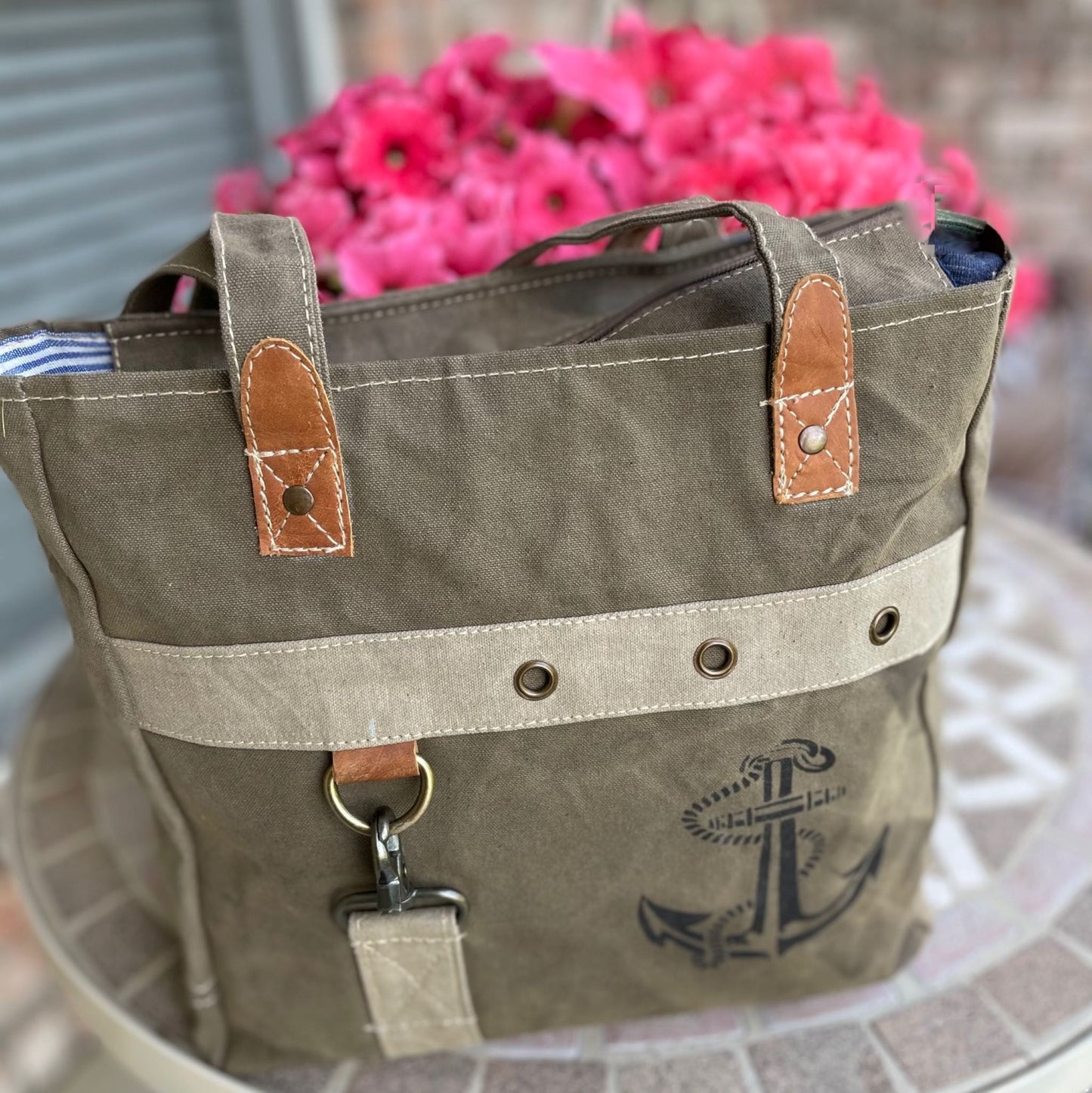 Navy or Nautical Sustainable Canvas Anchor Shoulder Tote Bag Purse