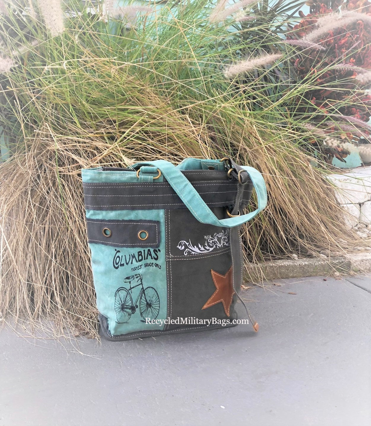 Canvas Retro Bike - Aqua and Gray Bicycle Tote or Messenger Bag ~ Take Me to the Beach!