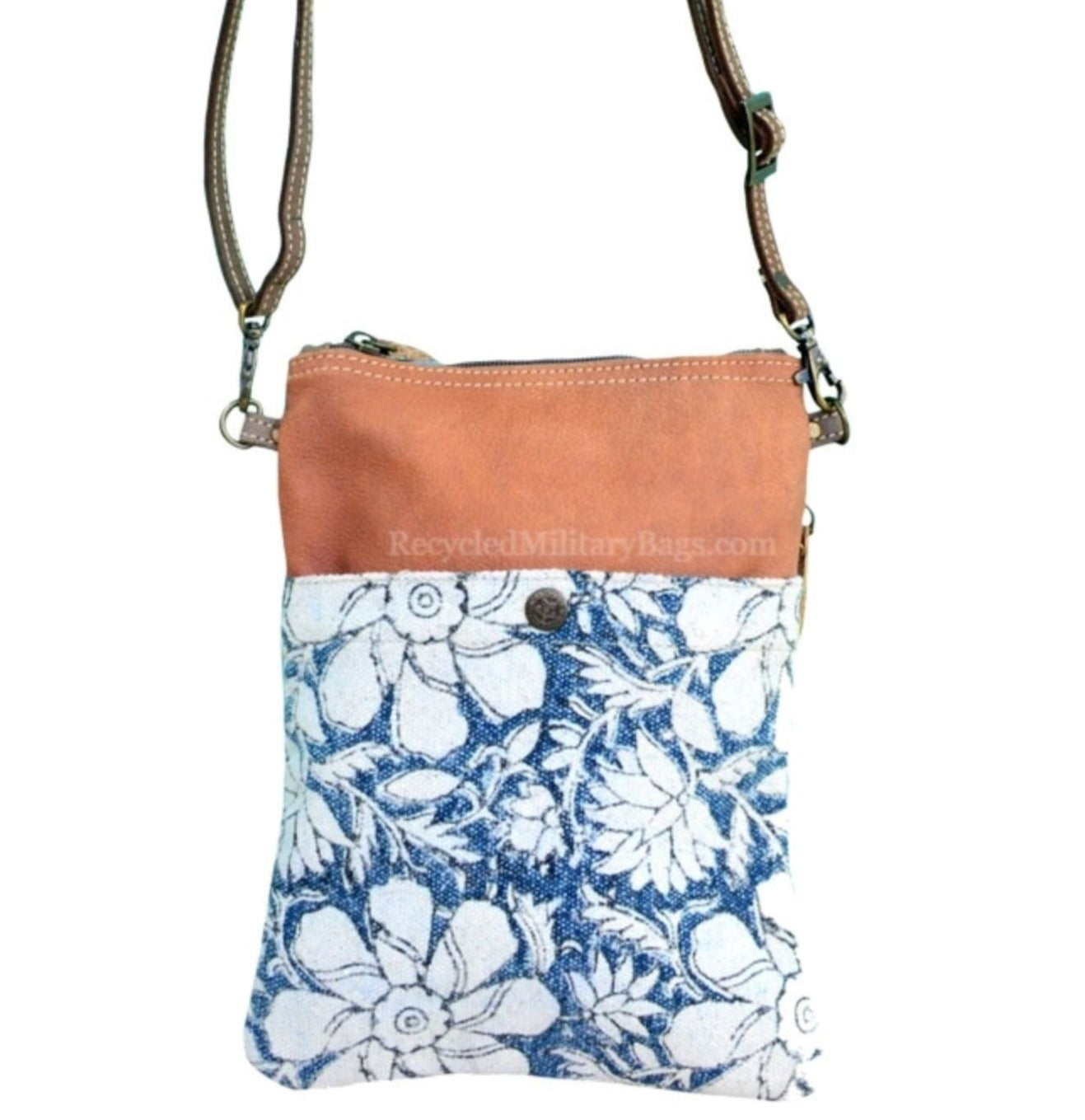 Blue Blooms Floral Tapestry, Leather and Sustainable Canvas Crossbody Purse