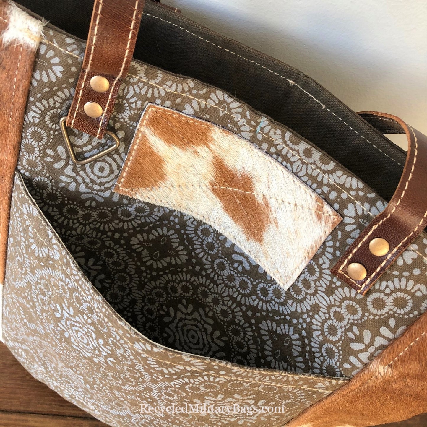 GEO Patterned Brown Tone Hide on Hair and Canvas Large Tote Bag with Detachable Crossbody Strap