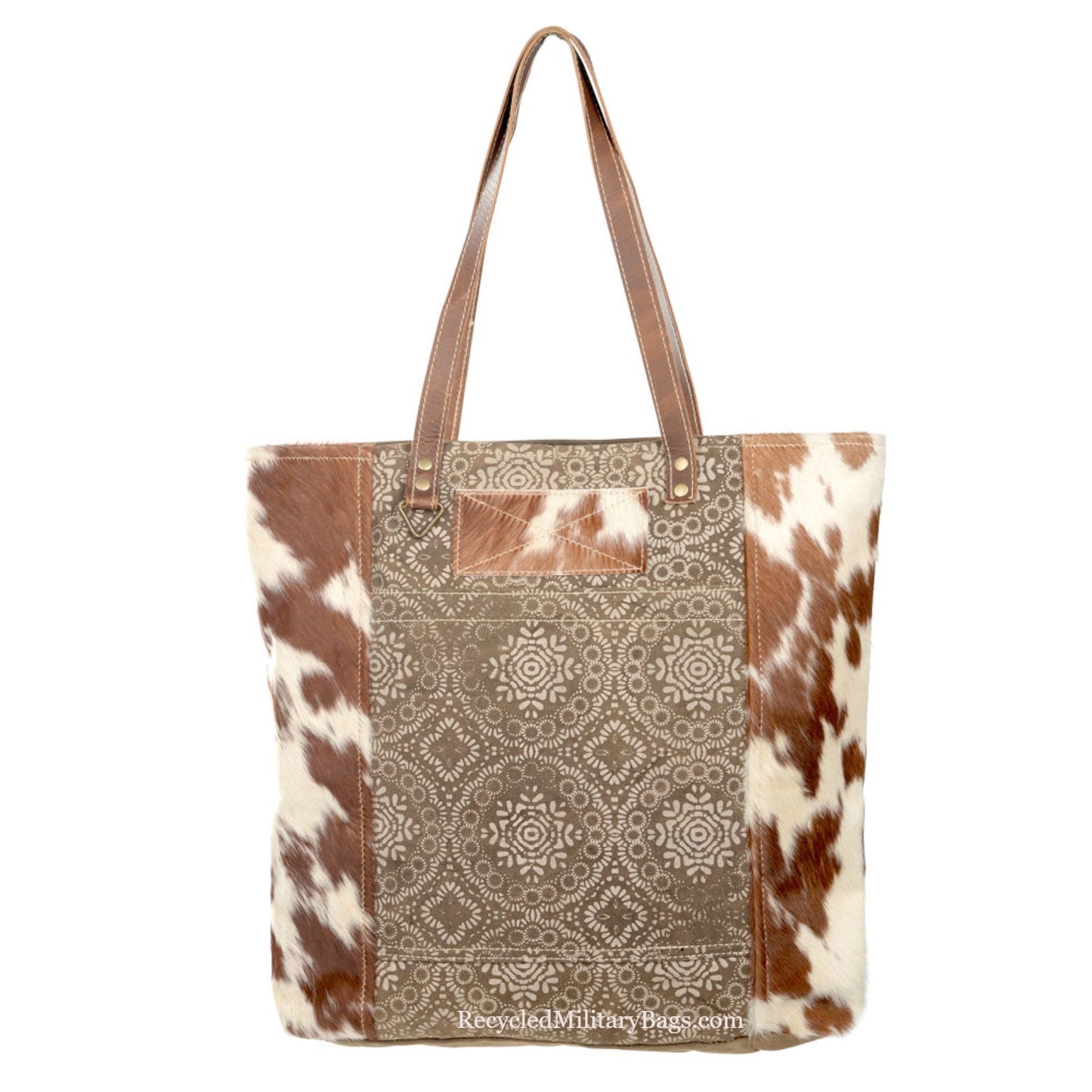 GEO Patterned Brown Tone Hide on Hair and Sustainable Canvas Large Tote Bag Purse