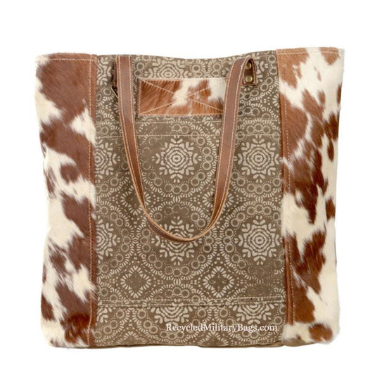 GEO Patterned Brown Tone Hide on Hair and Canvas Large Tote Bag with Detachable Crossbody Strap