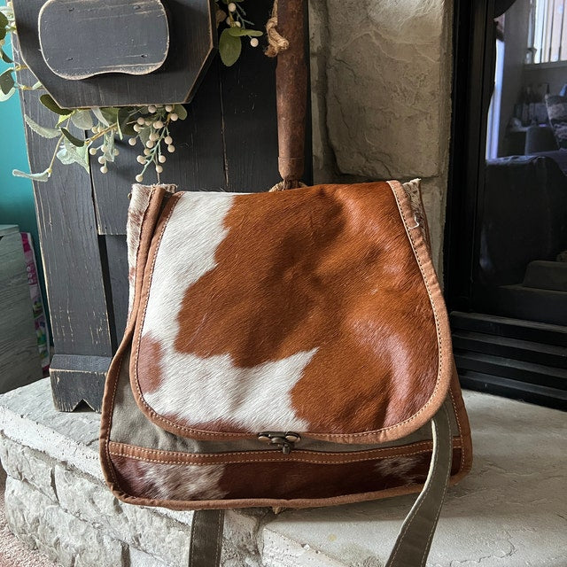 Western Inspired Sustainable Canvas Purse & Hide Leather Satchel Crossbody Messenger Style Bag! Big and Beautiful!