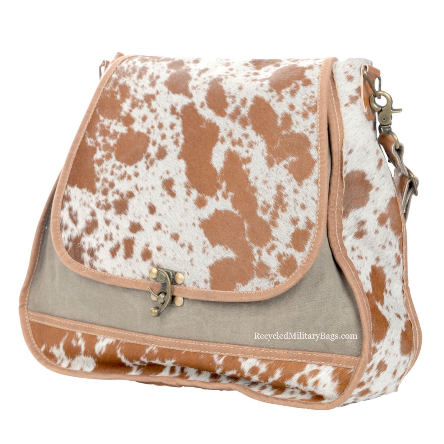 Western Inspired Sustainable Canvas Purse & Hide Leather Satchel Crossbody Messenger Style Bag! Big and Beautiful!