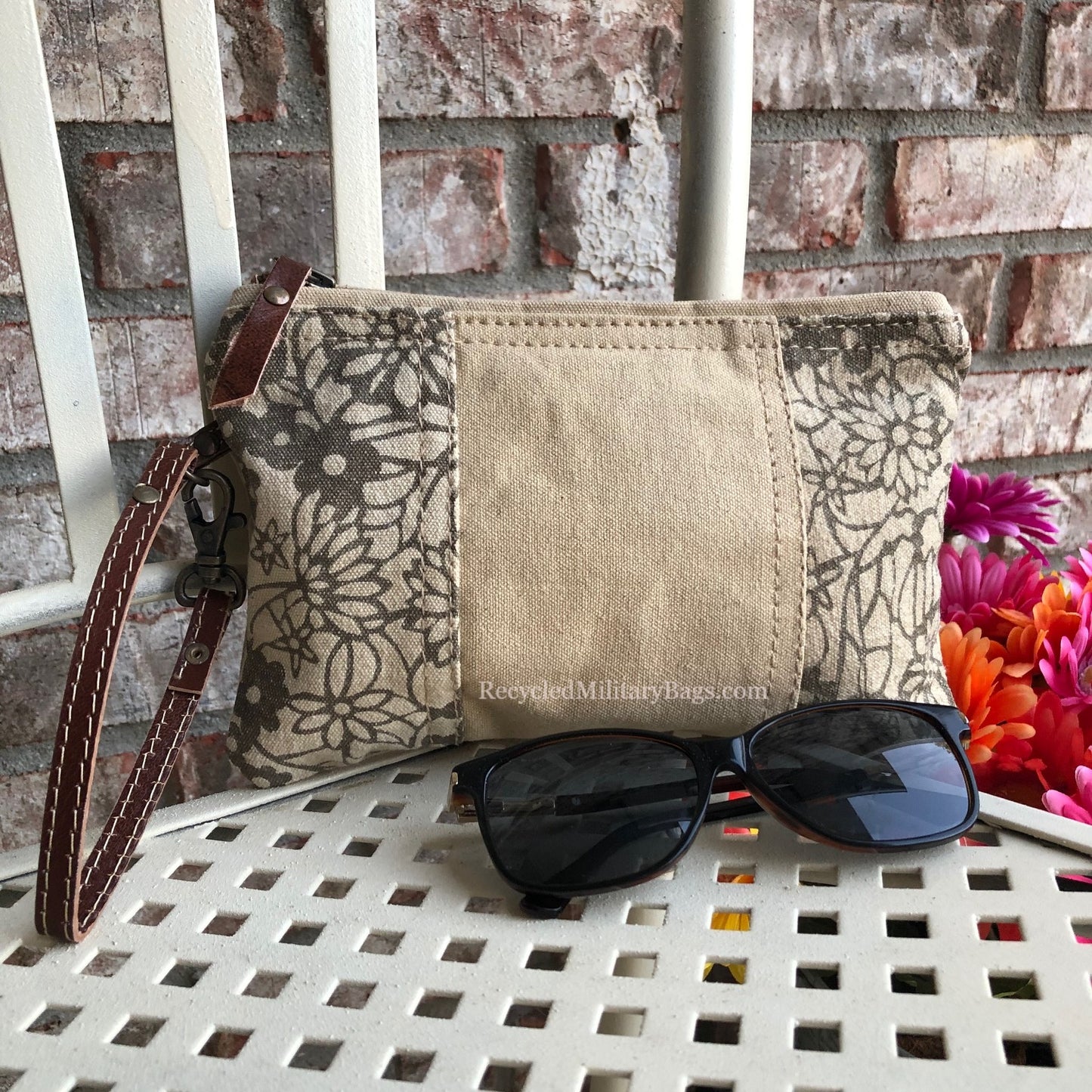 Cream and Cinnamon Floral Canvas Wristlet or Makeup Bag! A Perfect Gift or Add On!