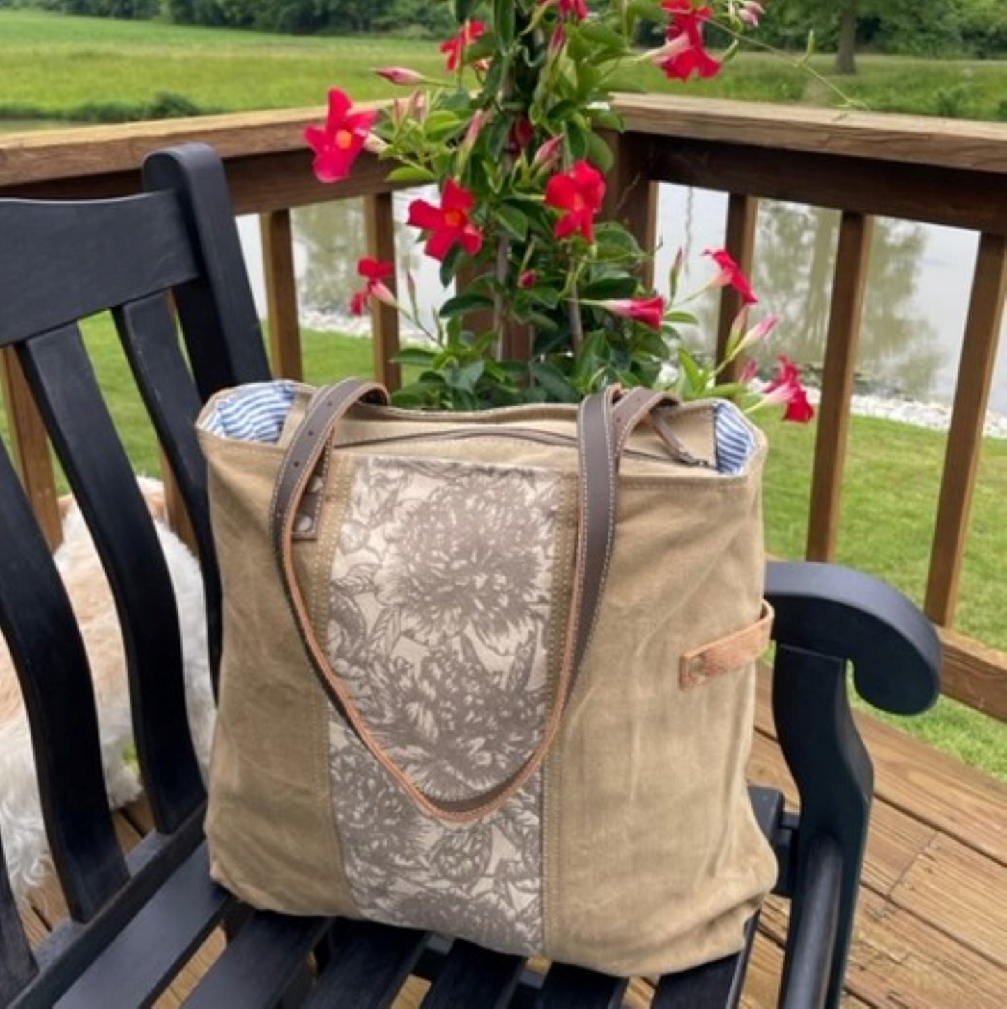 Vintage Flower Cream and Khaki Tote made of UpCycled Military Canvas