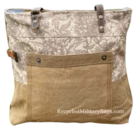 Vintage Flower Cream and Khaki Tote made of UpCycled Military Canvas