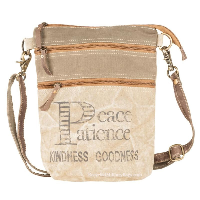Peace & Patience Sustainable Canvas Bag Crossbody Purse ~ 2 Zip Front Pockets ~ Perfect Gift