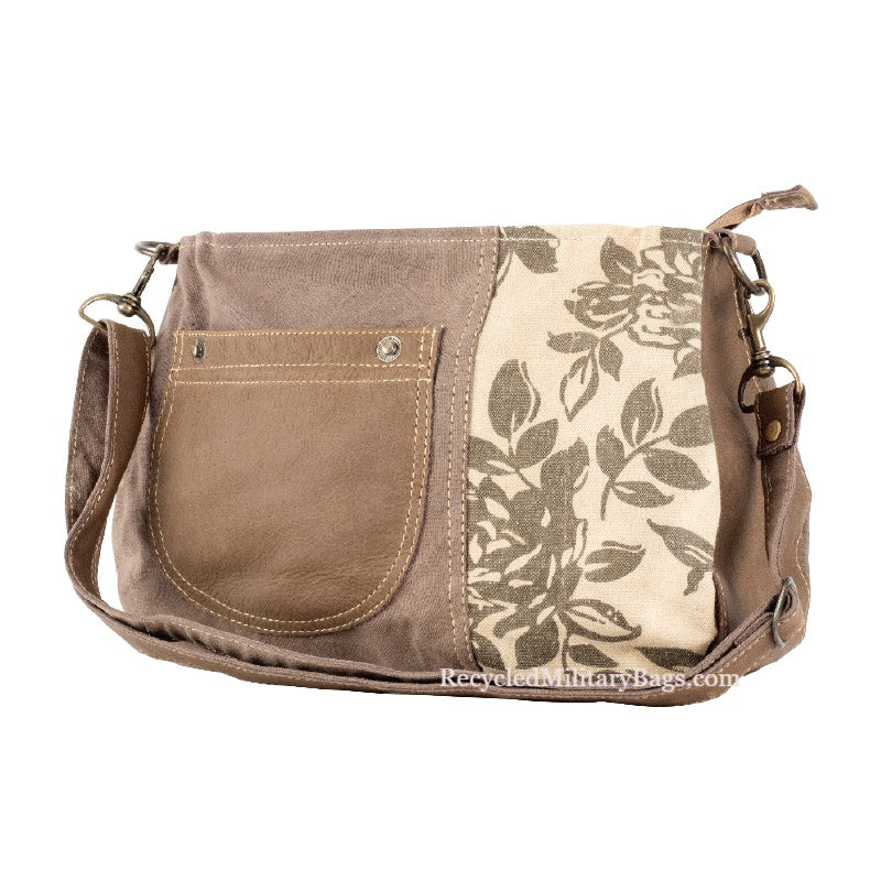 Floral Sustainable Canvas with Leather Accents Shoulder Bag Purse –  Recycled Military Bags