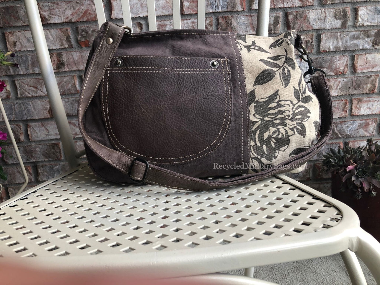Floral Sustainable Canvas Purse with Leather Accents Shoulder Bag