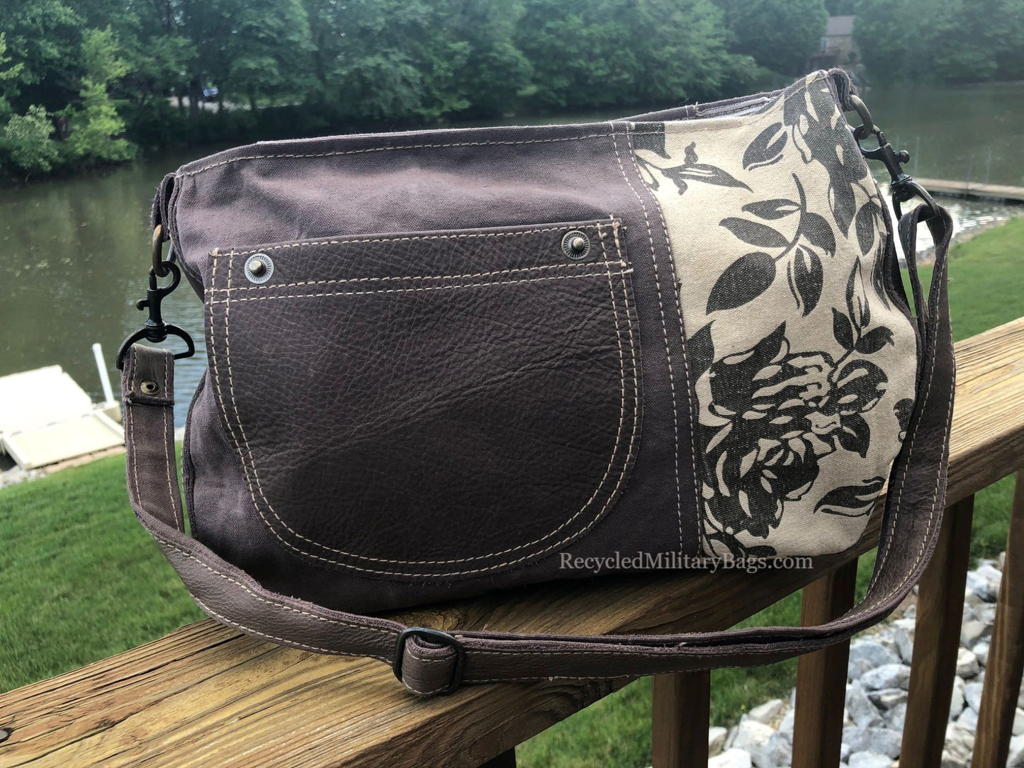 Brown Floral Sustainable Canvas Purse with Leather Accents Shoulder Bag