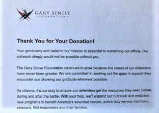 thank you donation letter from the Gary Senise Foundation
